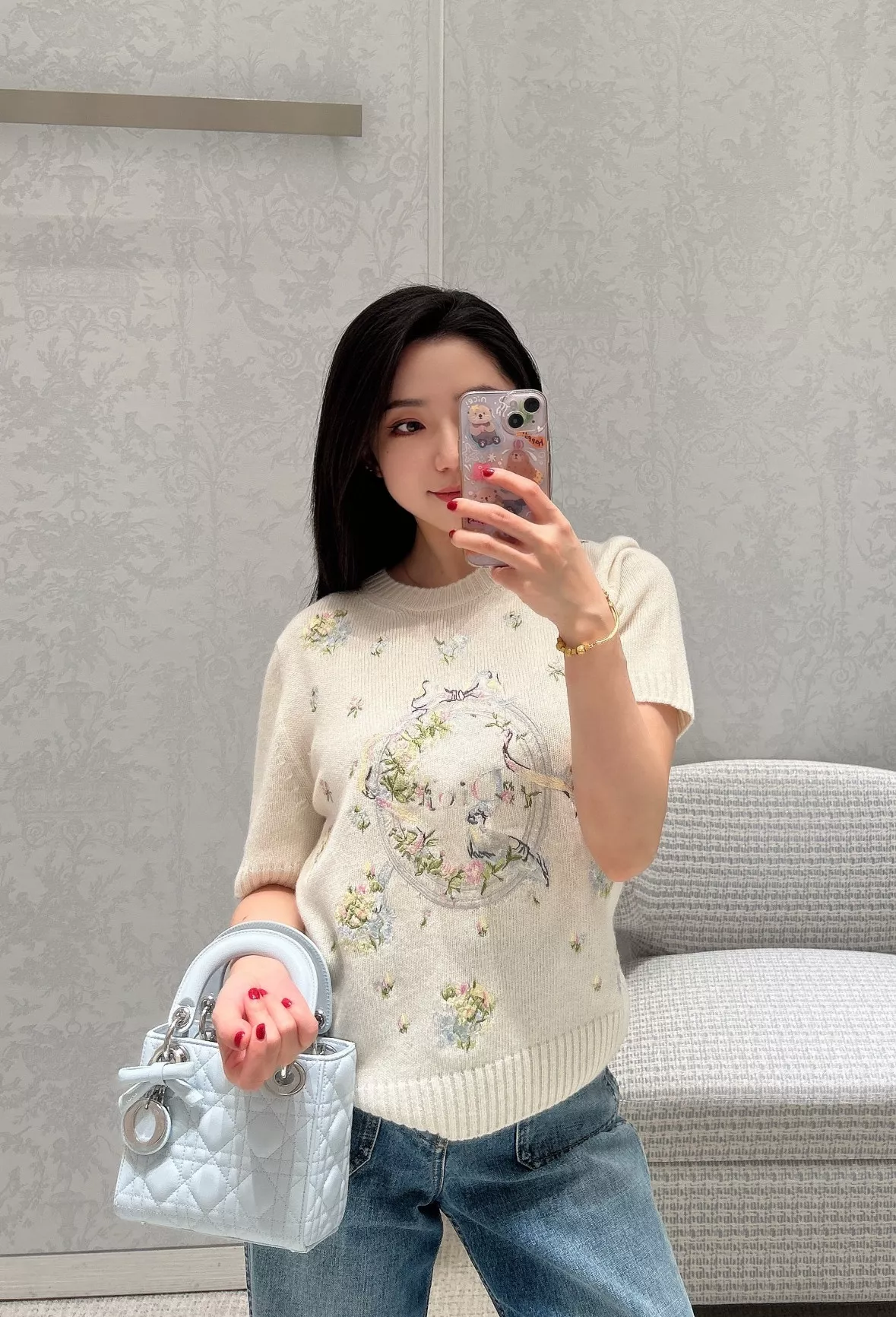 디올 화조 자수 캐시미어 반소매 상의 상세 이미지 62