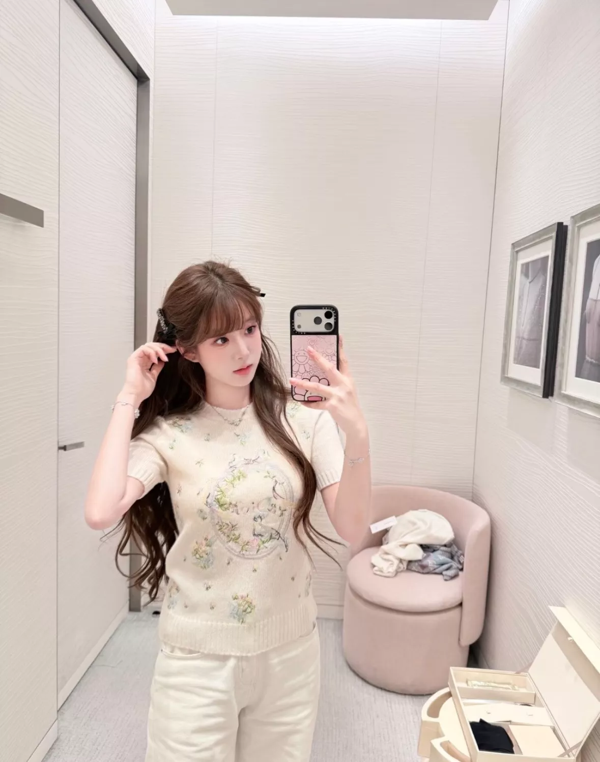 디올 화조 자수 캐시미어 반소매 상의 상세 이미지 49