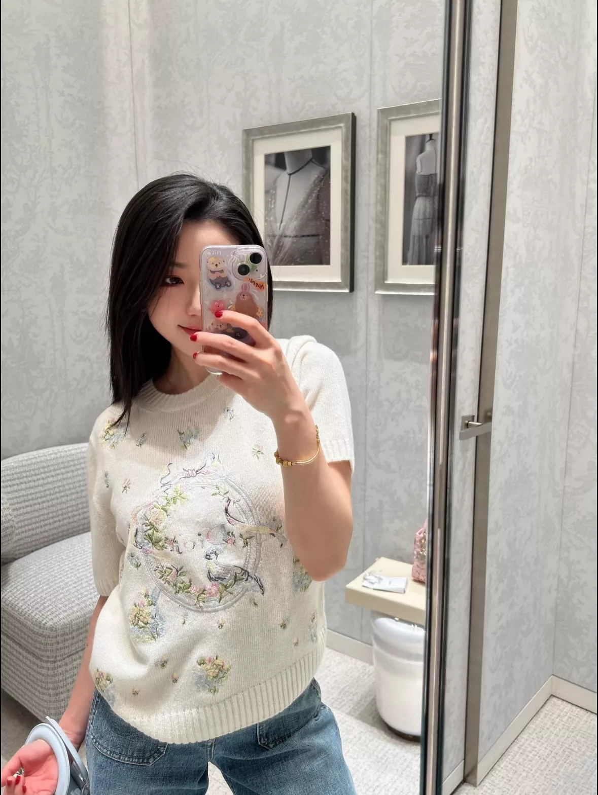 디올 화조 자수 캐시미어 반소매 상의 상세 이미지 61
