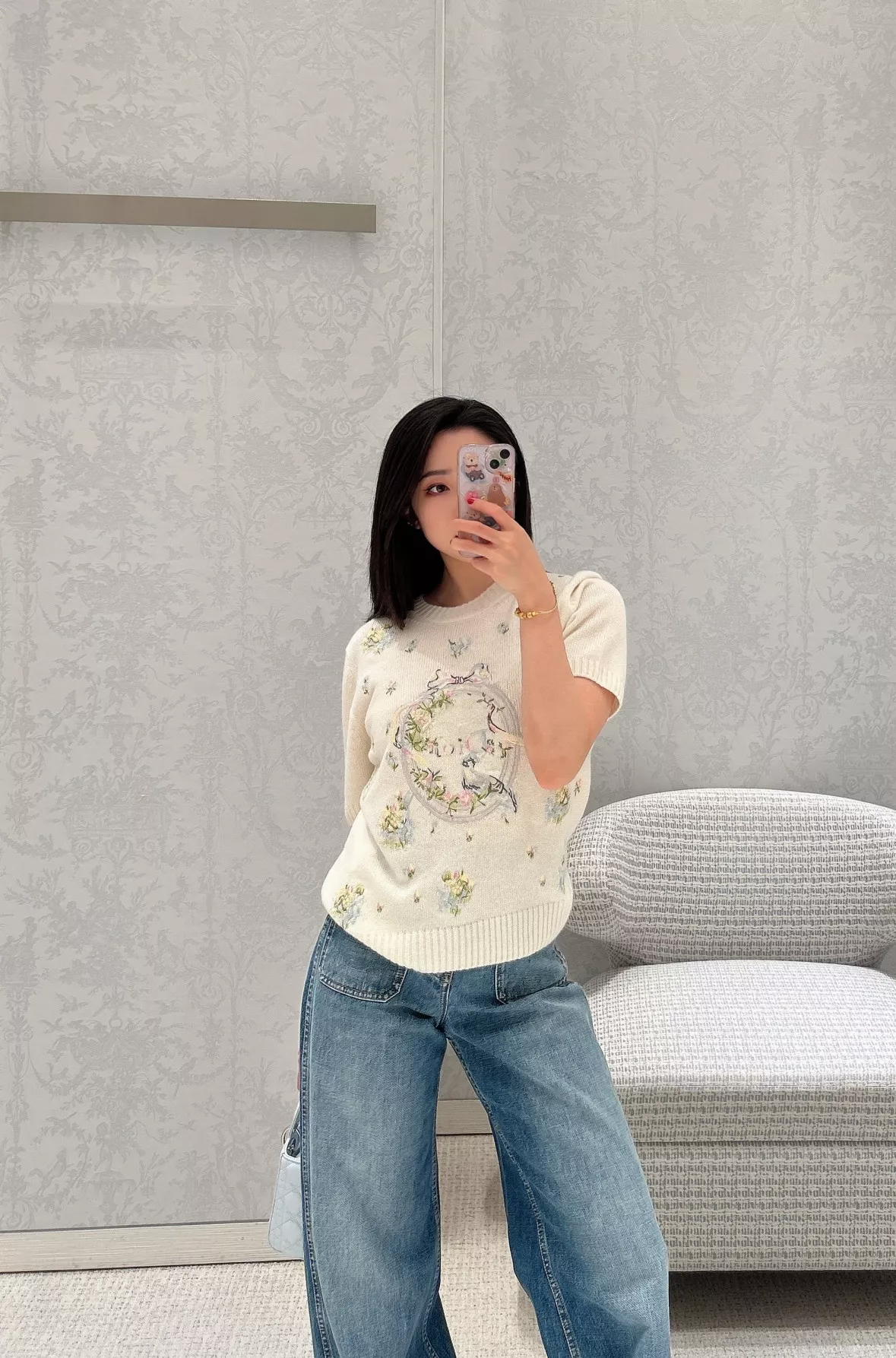 디올 화조 자수 캐시미어 반소매 상의 상세 이미지 63