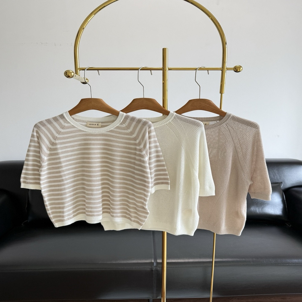 아이시클 실크 린넨 혼방 중소매 니트탑