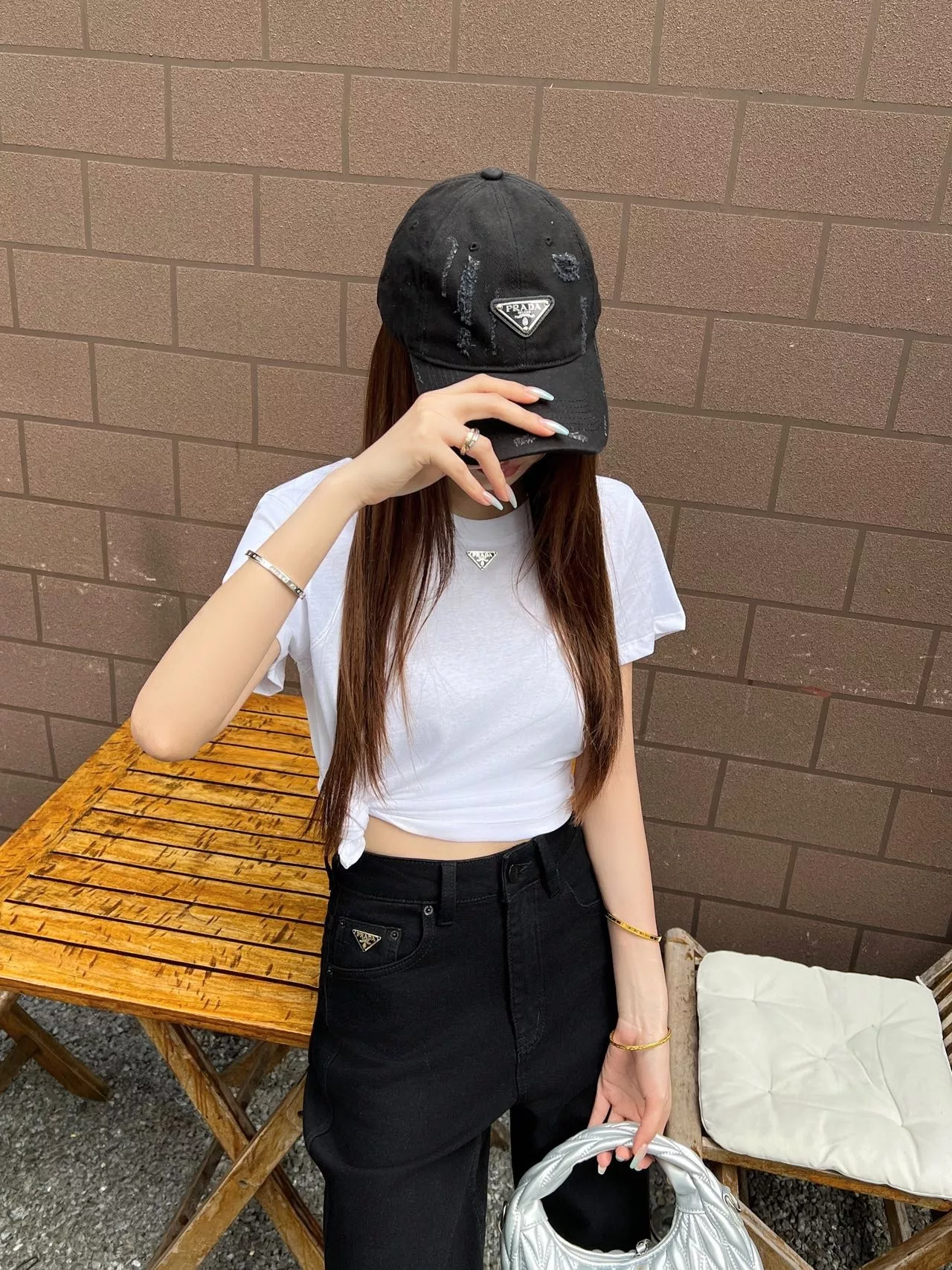 프라다 블랙 하이웨이스트 와이드 데님 팬츠 상세 이미지 18
