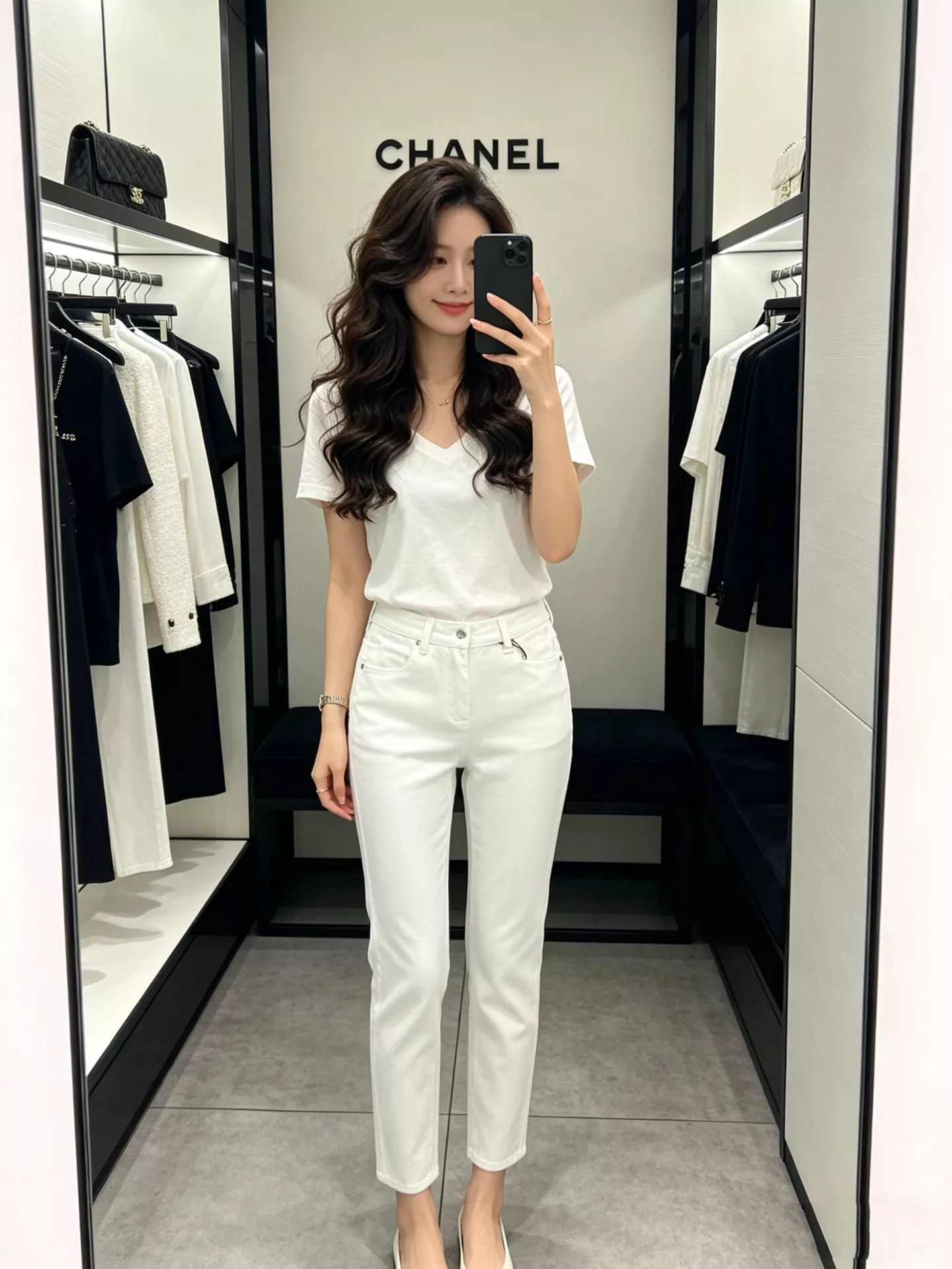 샤넬 화이트 슬림 스트레이트 데님 팬츠 상세 이미지 15