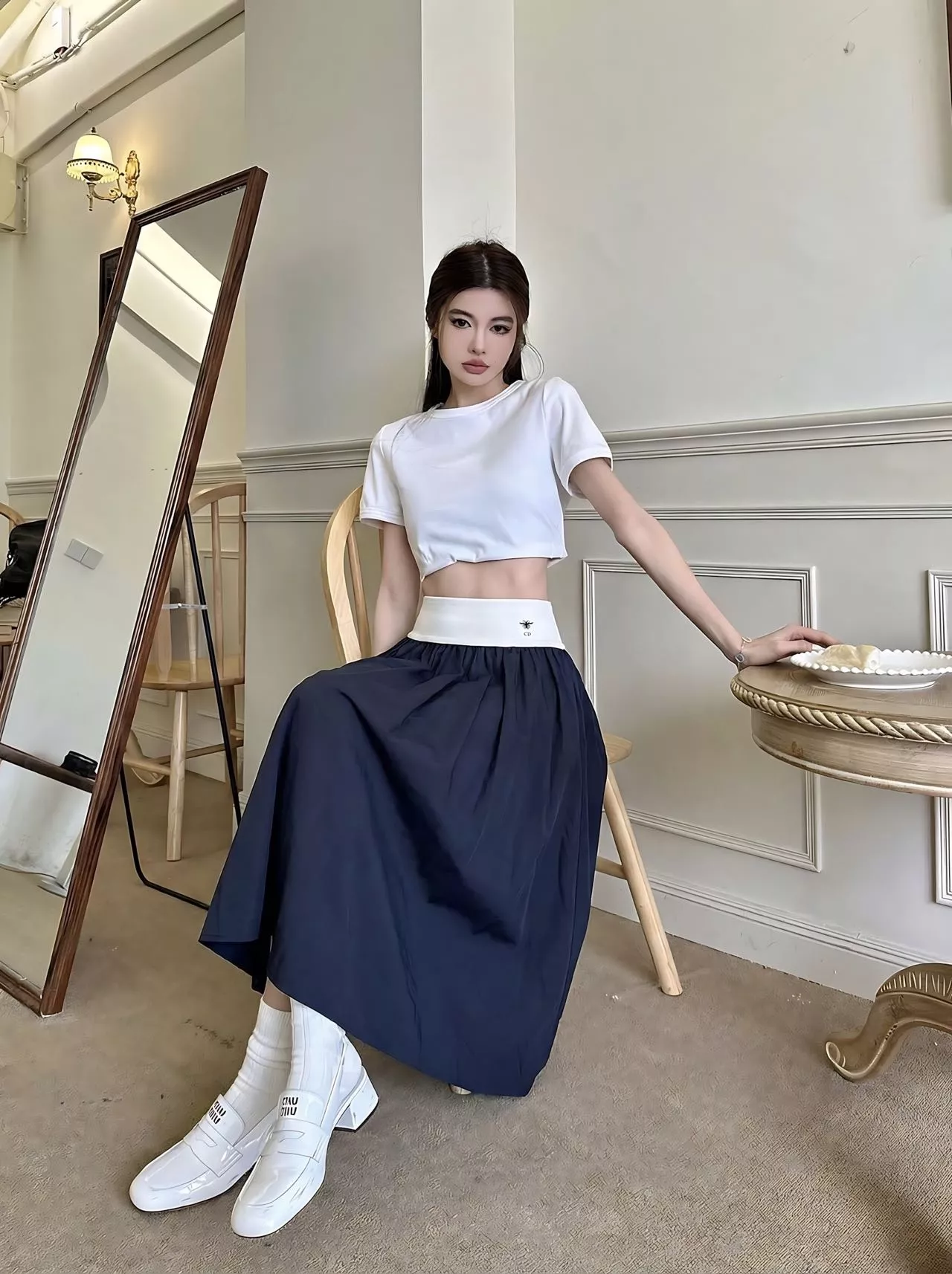 디올 배색 허리선 플레어 스커트 상세 이미지 26