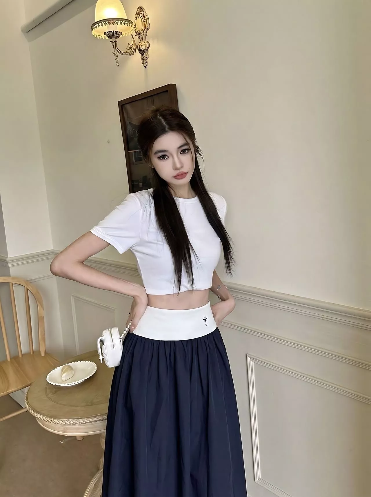 디올 배색 허리선 플레어 스커트 상세 이미지 27