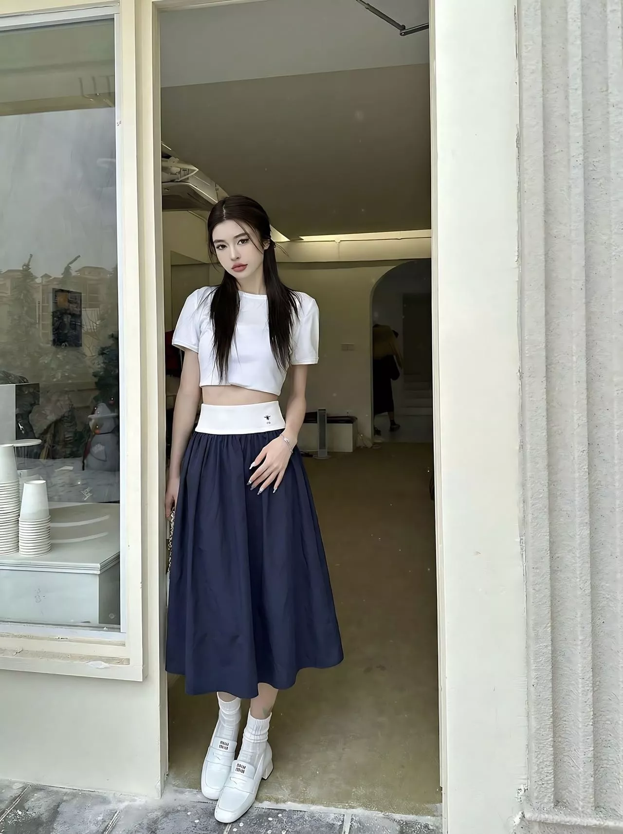디올 배색 허리선 플레어 스커트 상세 이미지 25
