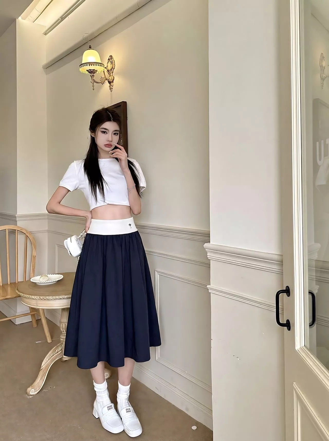 디올 배색 허리선 플레어 스커트 상세 이미지 24