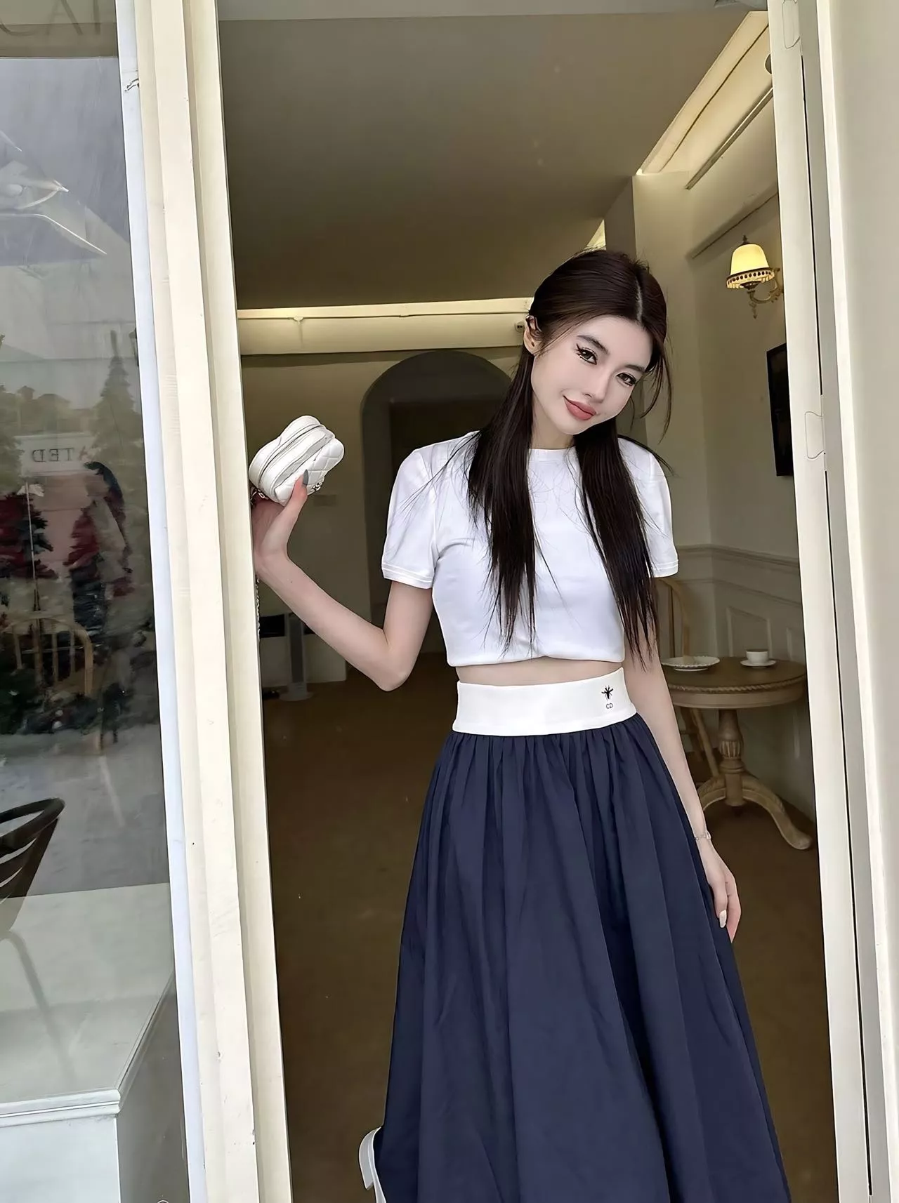 디올 배색 허리선 플레어 스커트 상세 이미지 22