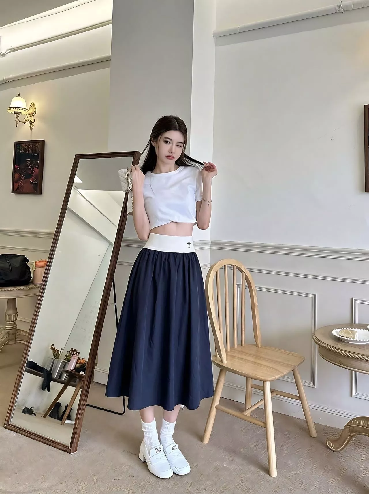 디올 배색 허리선 플레어 스커트 상세 이미지 23