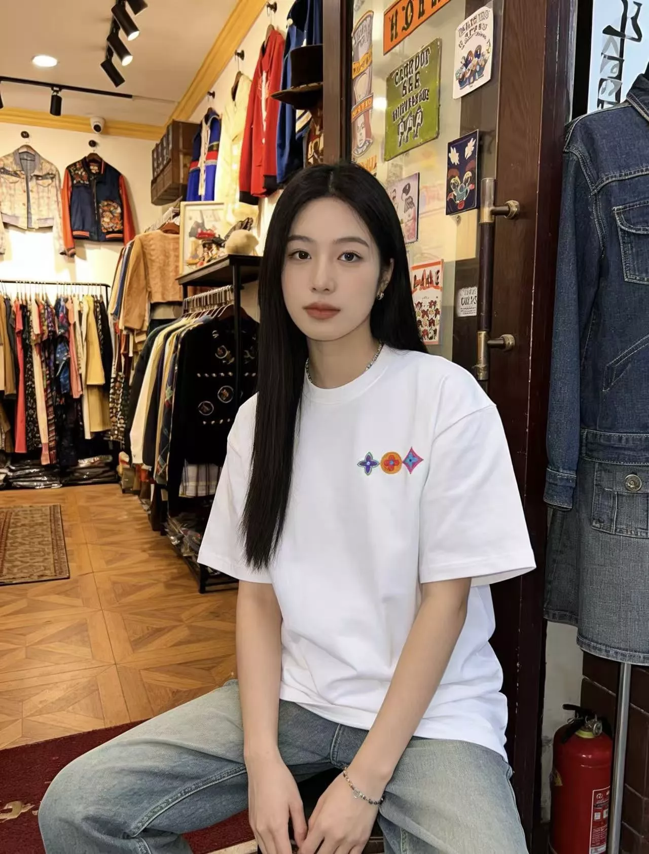루이비통 컬러 플라워 자수 반소매 티셔츠 상세 이미지 14