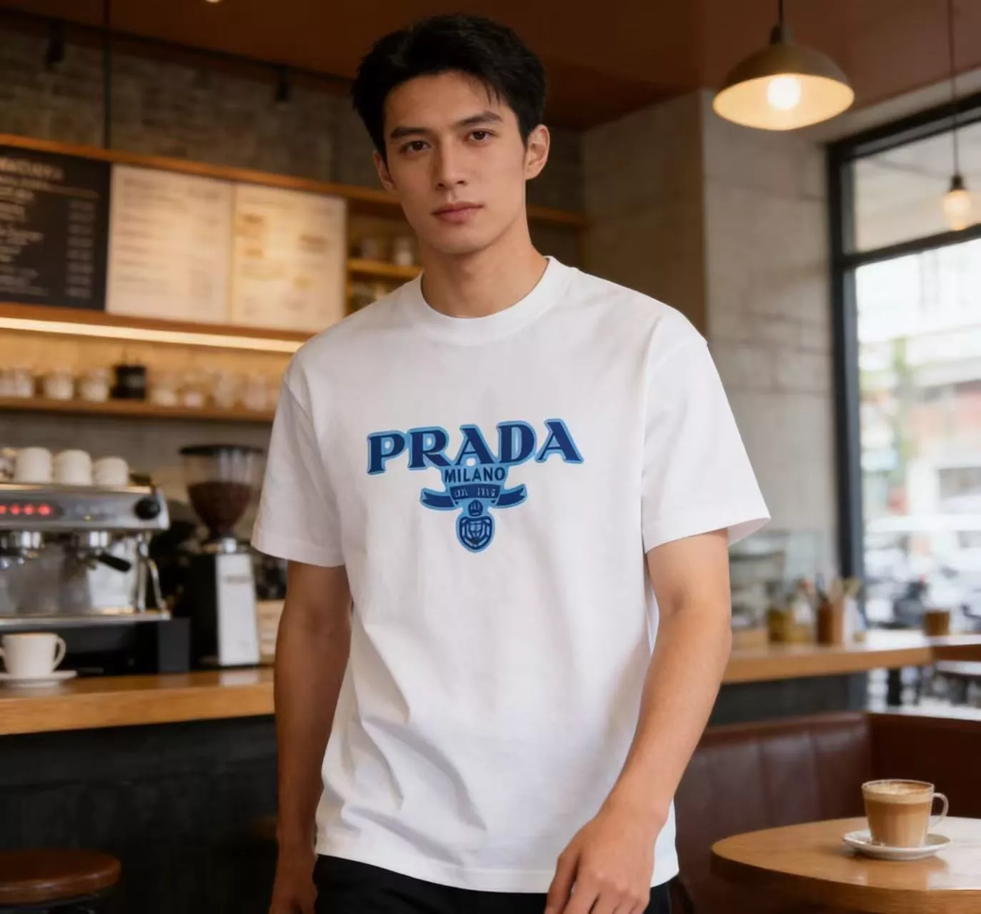 프라다 블루 로고 프린트 반소매 상세 이미지 16