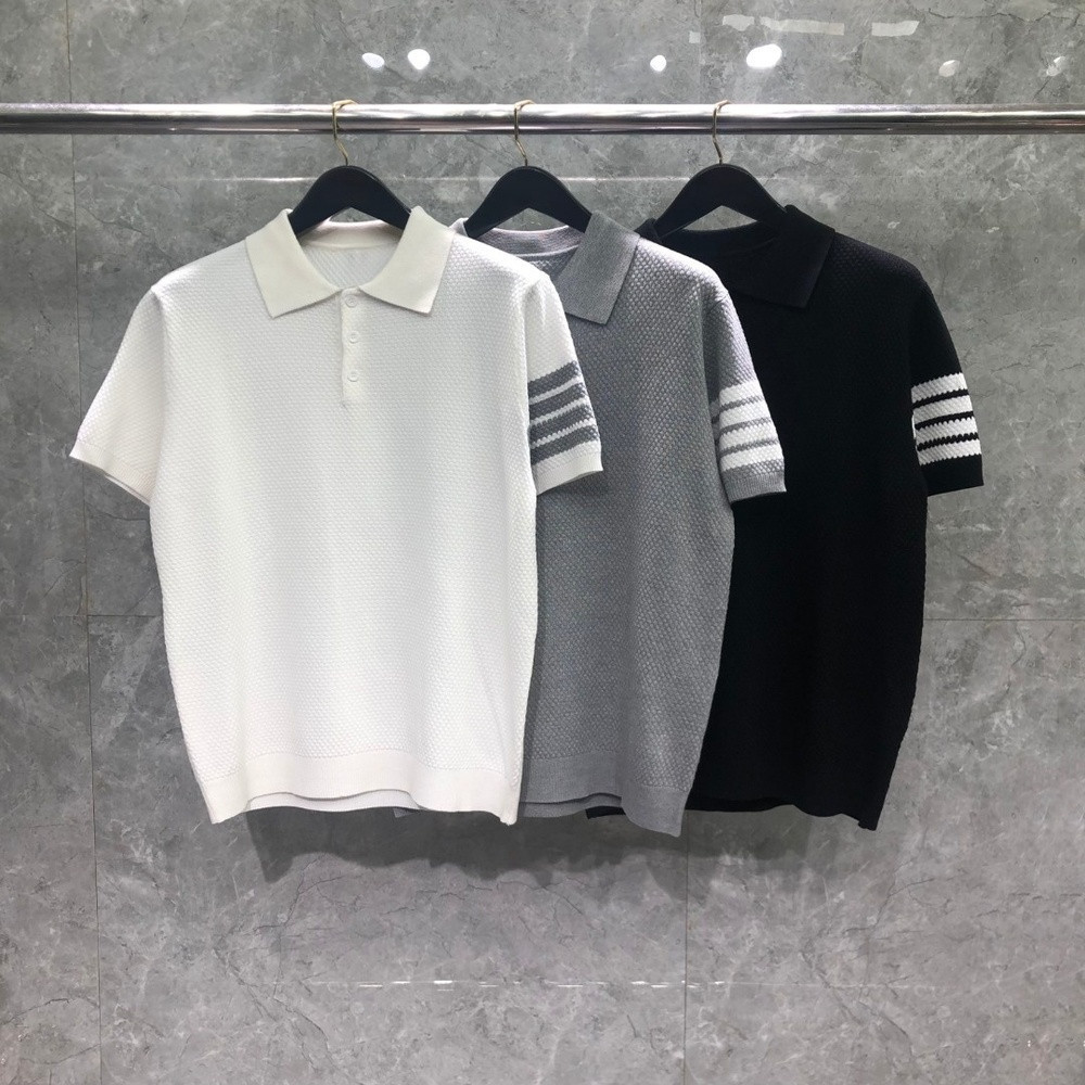 톰브라운 파인애플 조직 니트 사선 반소매 폴로