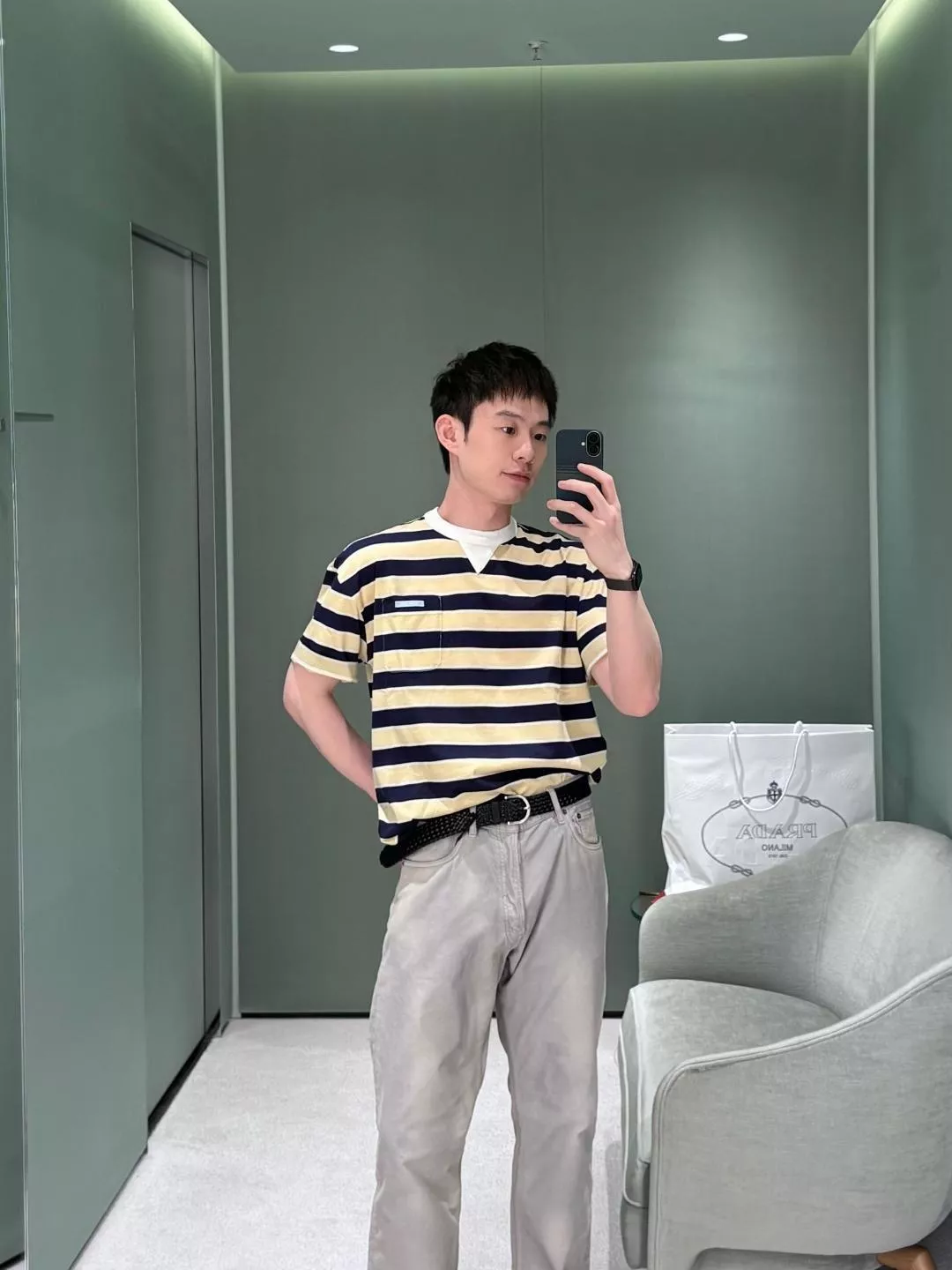 프라다 스트라이프 포켓 반소매 탑 상세 이미지 11