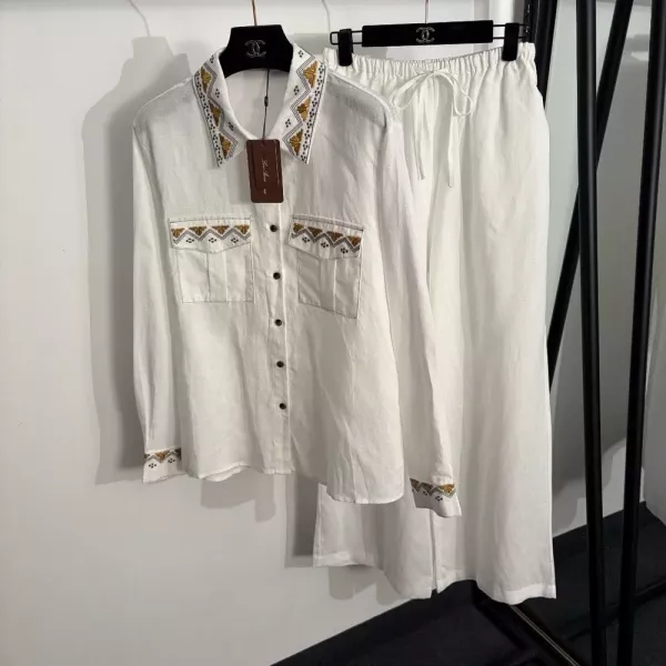 로로피아나 자수 포켓 긴소매 셔츠 와이드 팬츠 세트