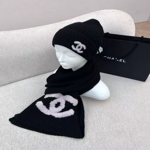 샤넬 로고 리브 니트 머플러 비니 세트