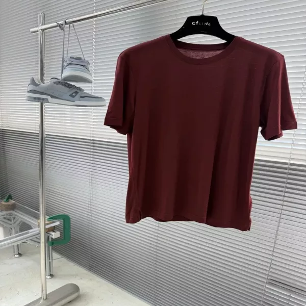 로로피아나 배색 넥라인 텐셀 울 티셔츠