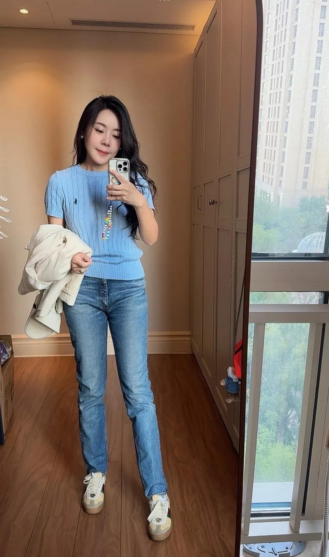 랄프로렌 케이블 니트 포니 자수 라운드넥 반소매 탑 상세 이미지 11