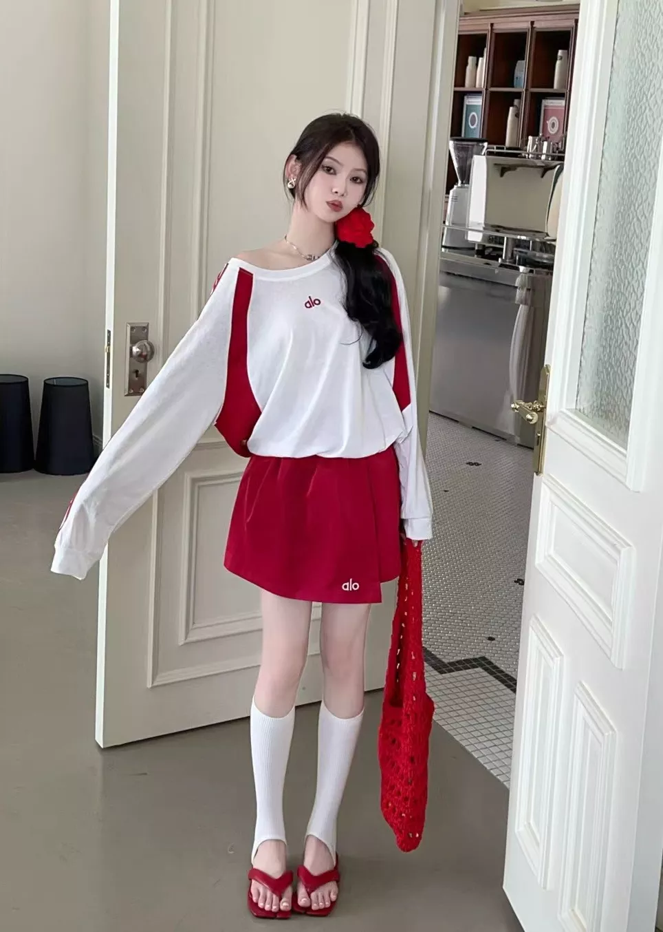 알로 레터 자수 배색 긴소매 반바지 세트 상세 이미지 10