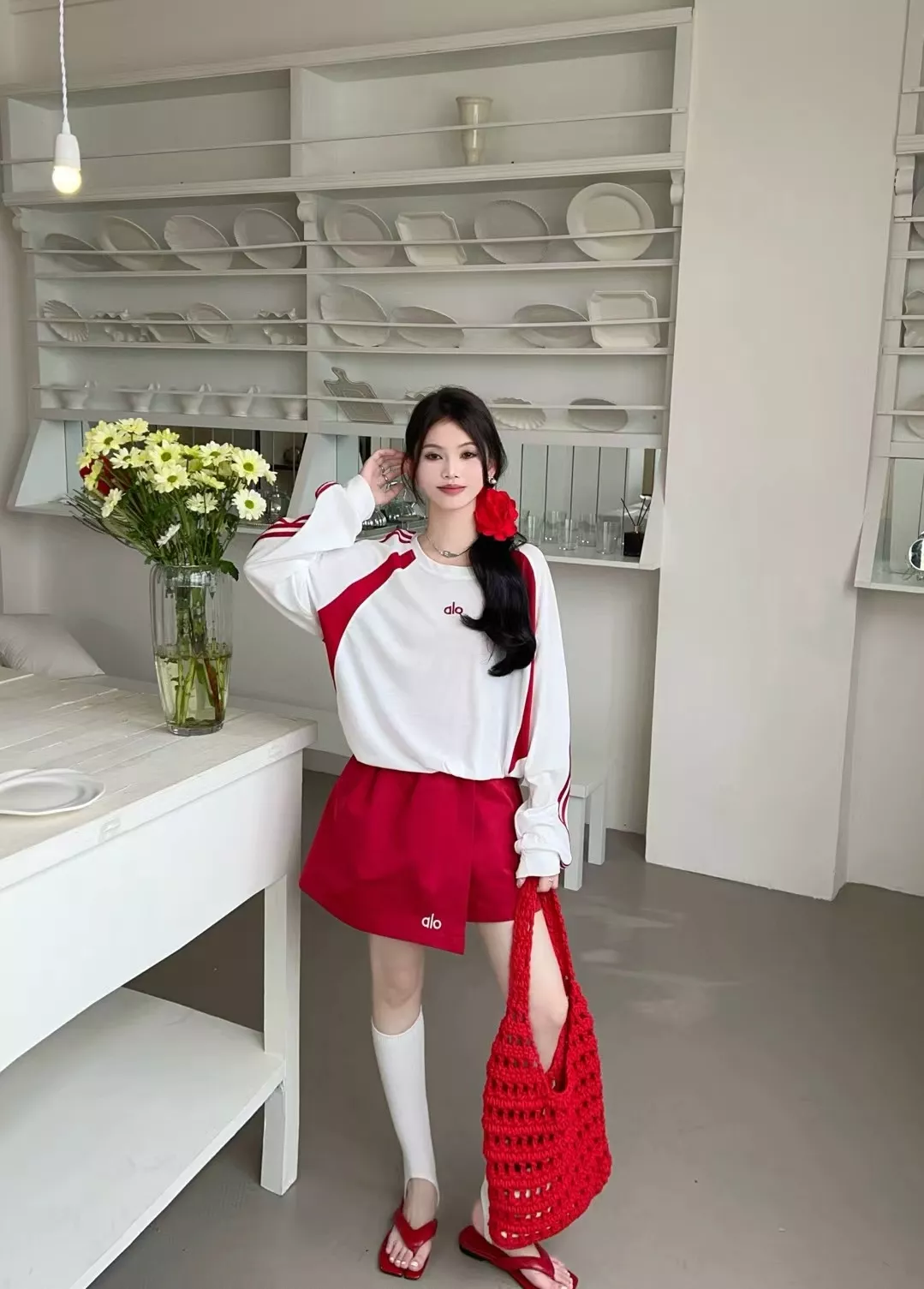 알로 레터 자수 배색 긴소매 반바지 세트 상세 이미지 13