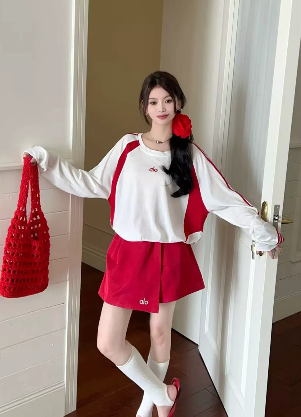 알로 레터 자수 배색 긴소매 반바지 세트 상세 이미지 9