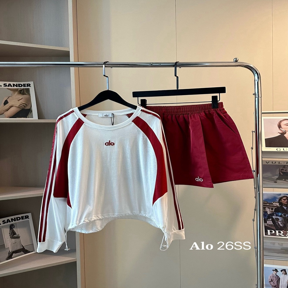 알로 레터 자수 배색 긴소매 반바지 세트