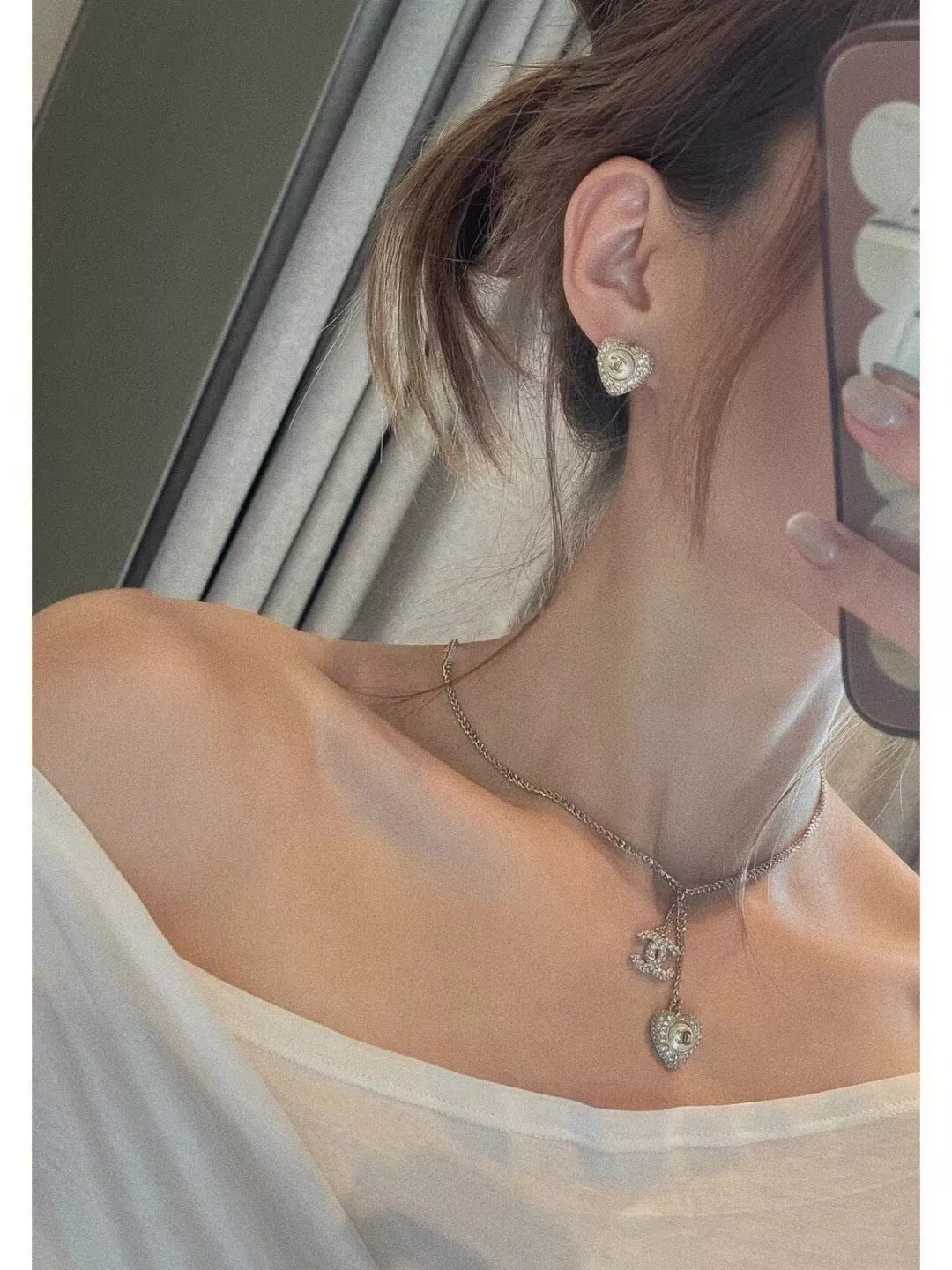 샤넬 진주 하트 더블 펜던트 네크리스 상세 이미지 9