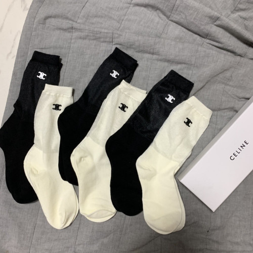 셀린느 블랙 화이트 코튼 중목 양말