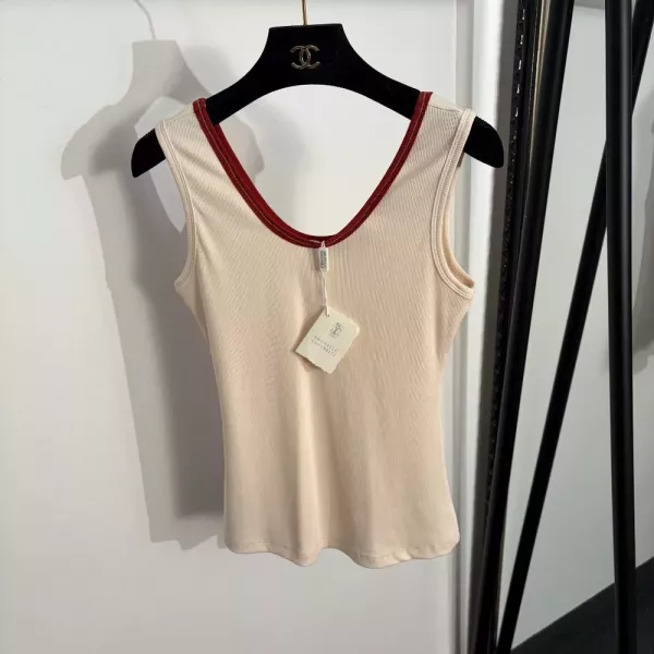 브루넬로쿠치넬리 배색 라운드넥 골지 슬리브리스