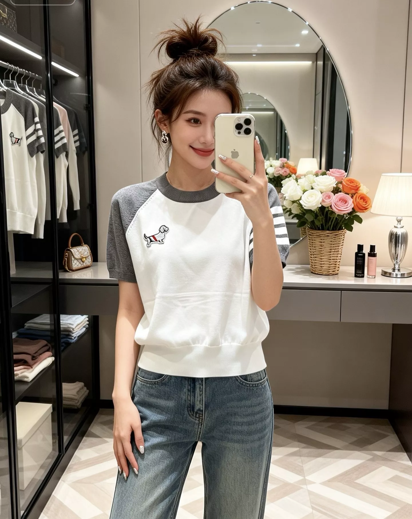 톰브라운 자수 배색 래글런 반소매 상의 상세 이미지 14