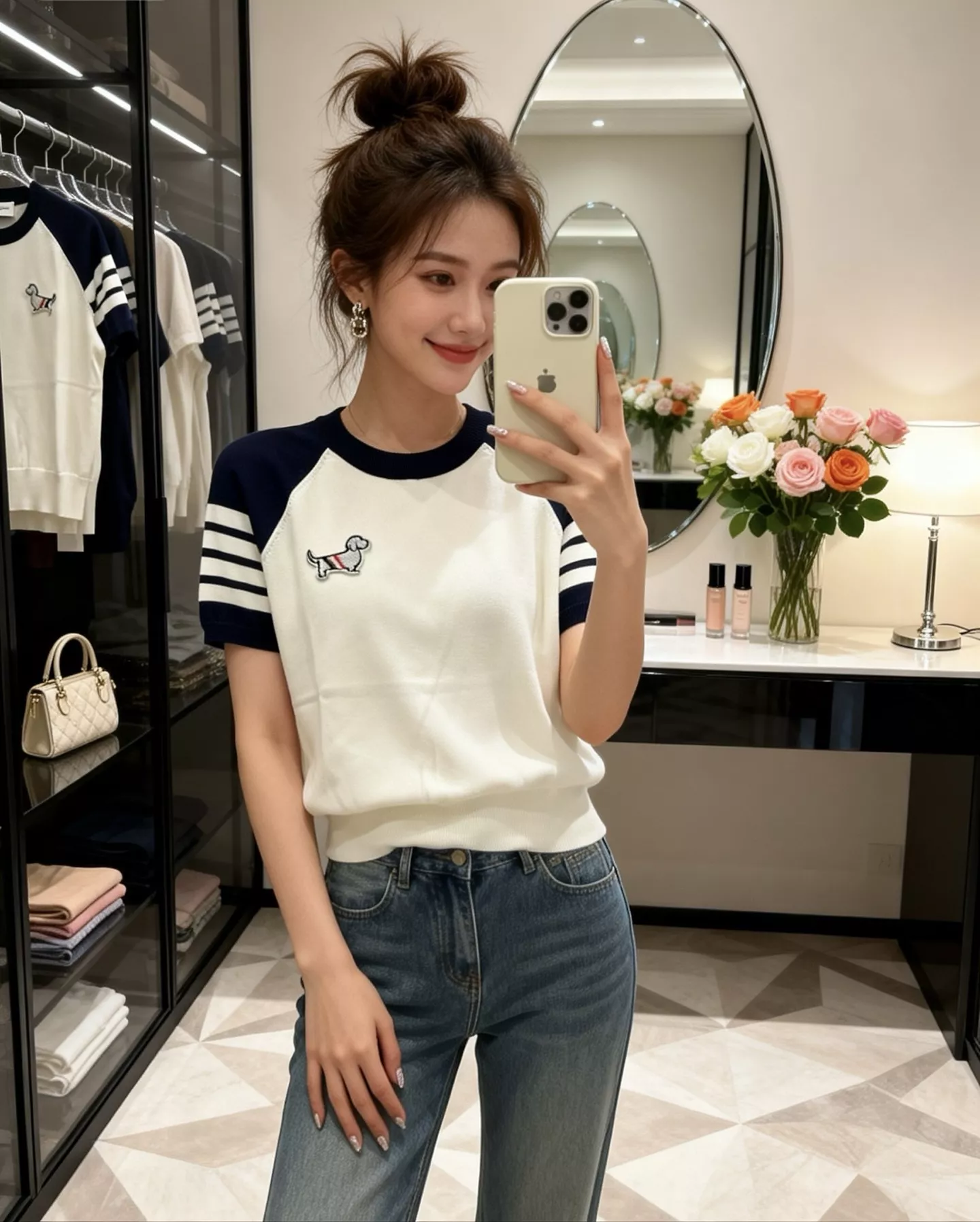 톰브라운 자수 배색 래글런 반소매 상의 상세 이미지 11