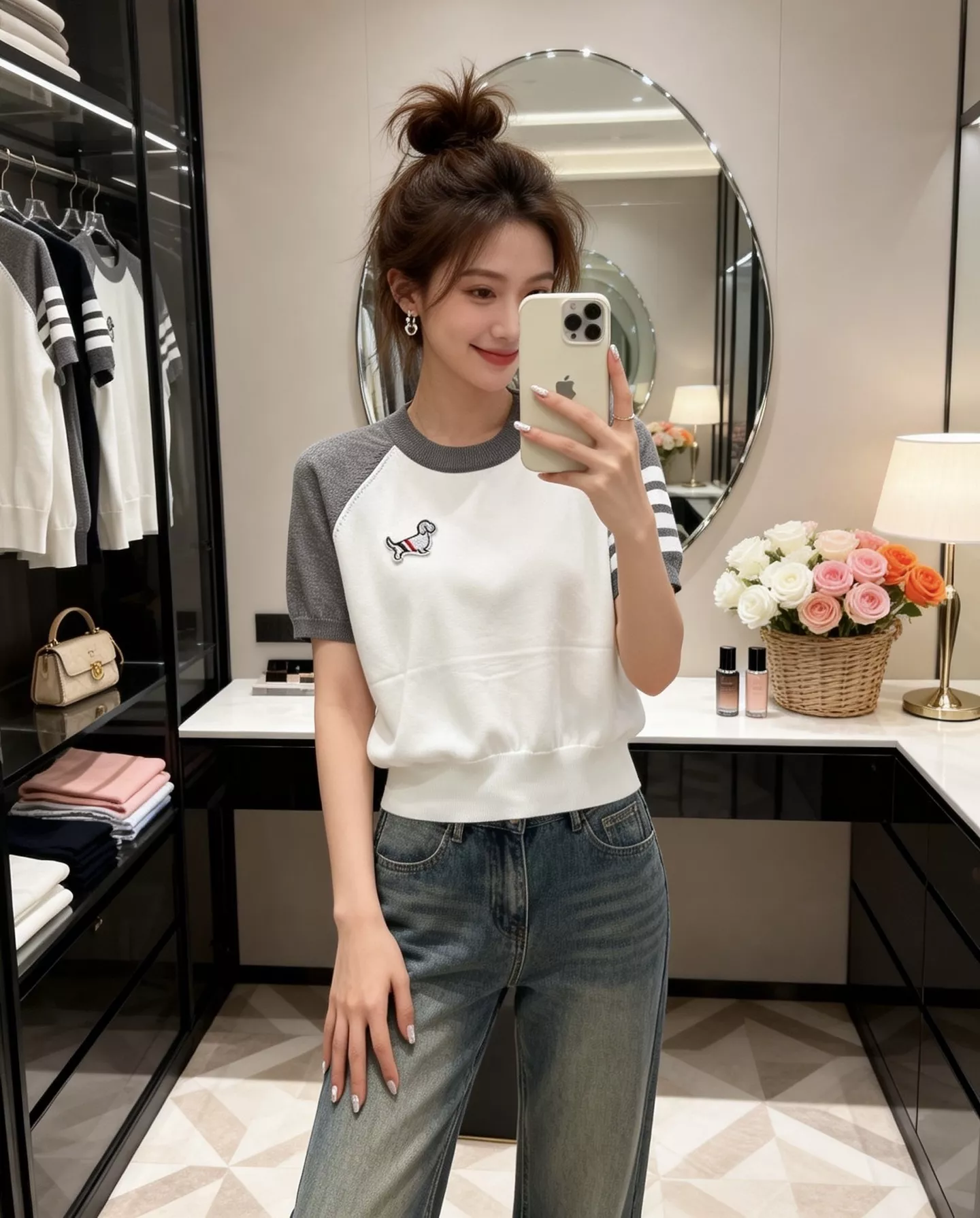 톰브라운 자수 배색 래글런 반소매 상의 상세 이미지 13