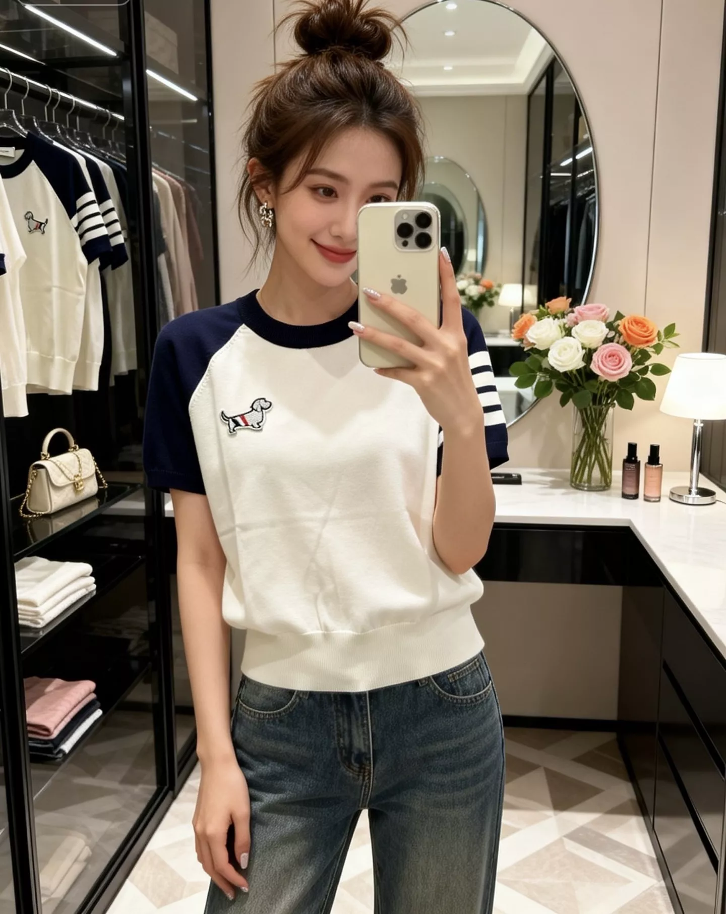 톰브라운 자수 배색 래글런 반소매 상의 상세 이미지 12