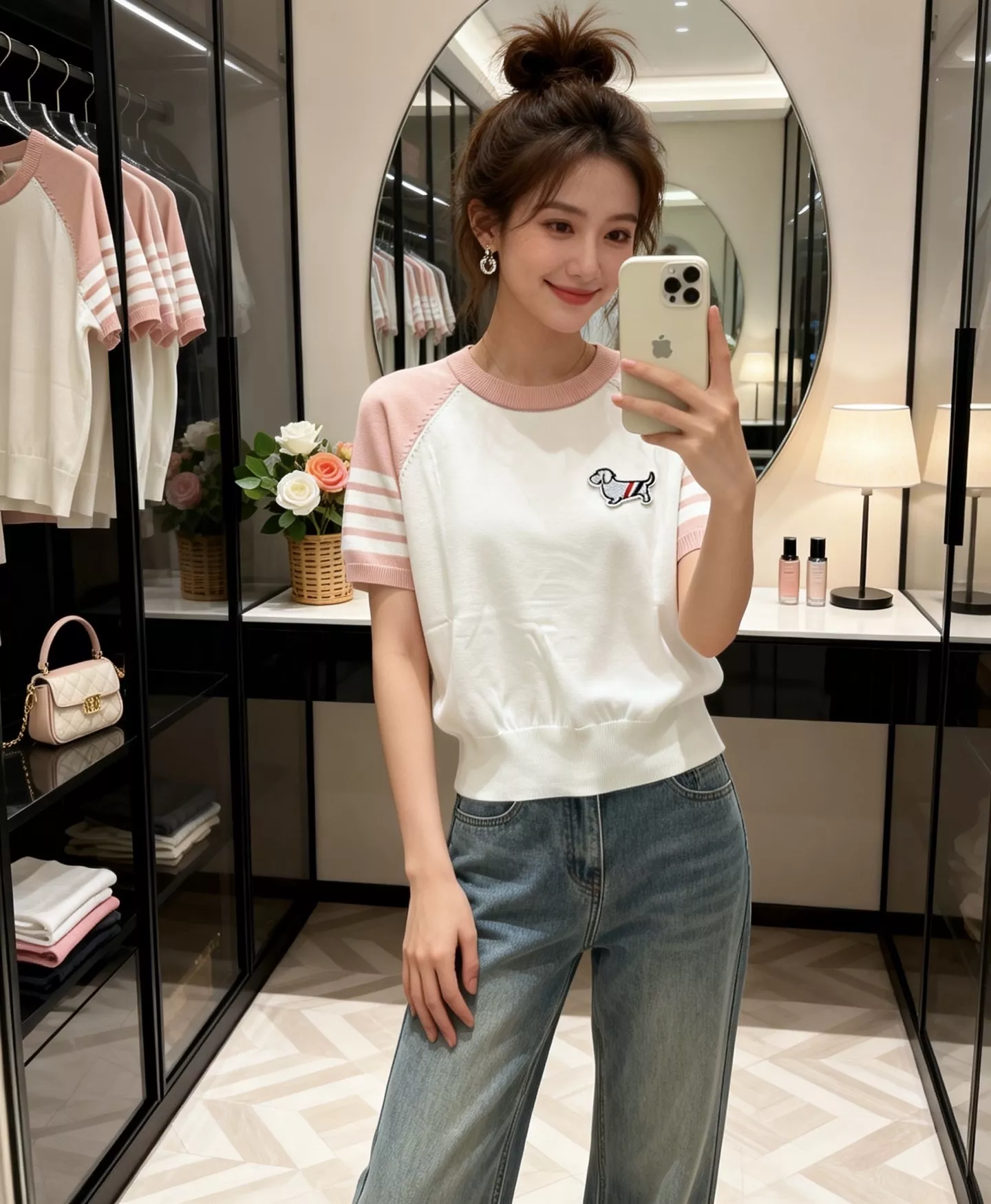 톰브라운 자수 배색 래글런 반소매 상의 상세 이미지 16