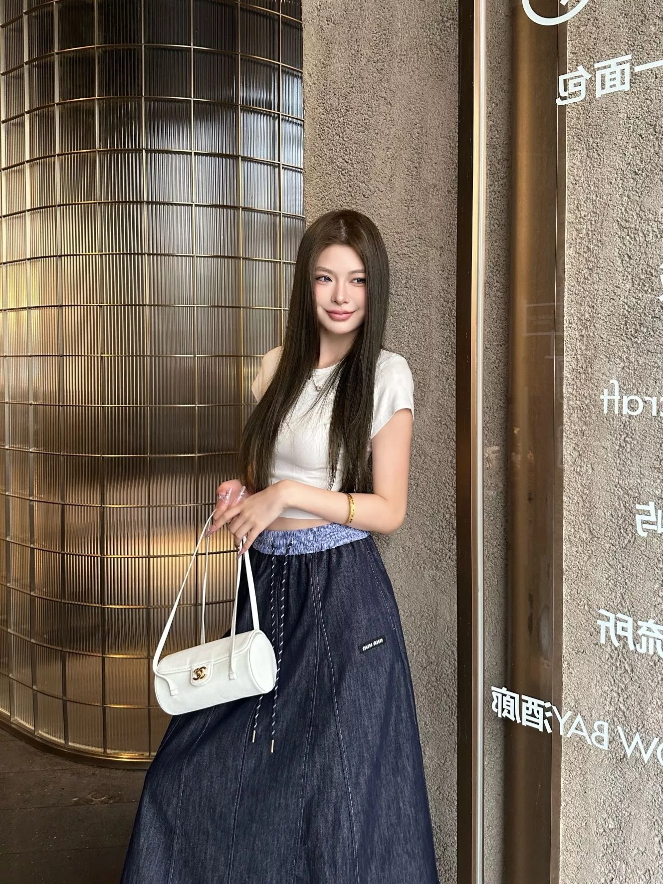 미우미우 배색 허리 밴딩 데님 스커트 상세 이미지 14