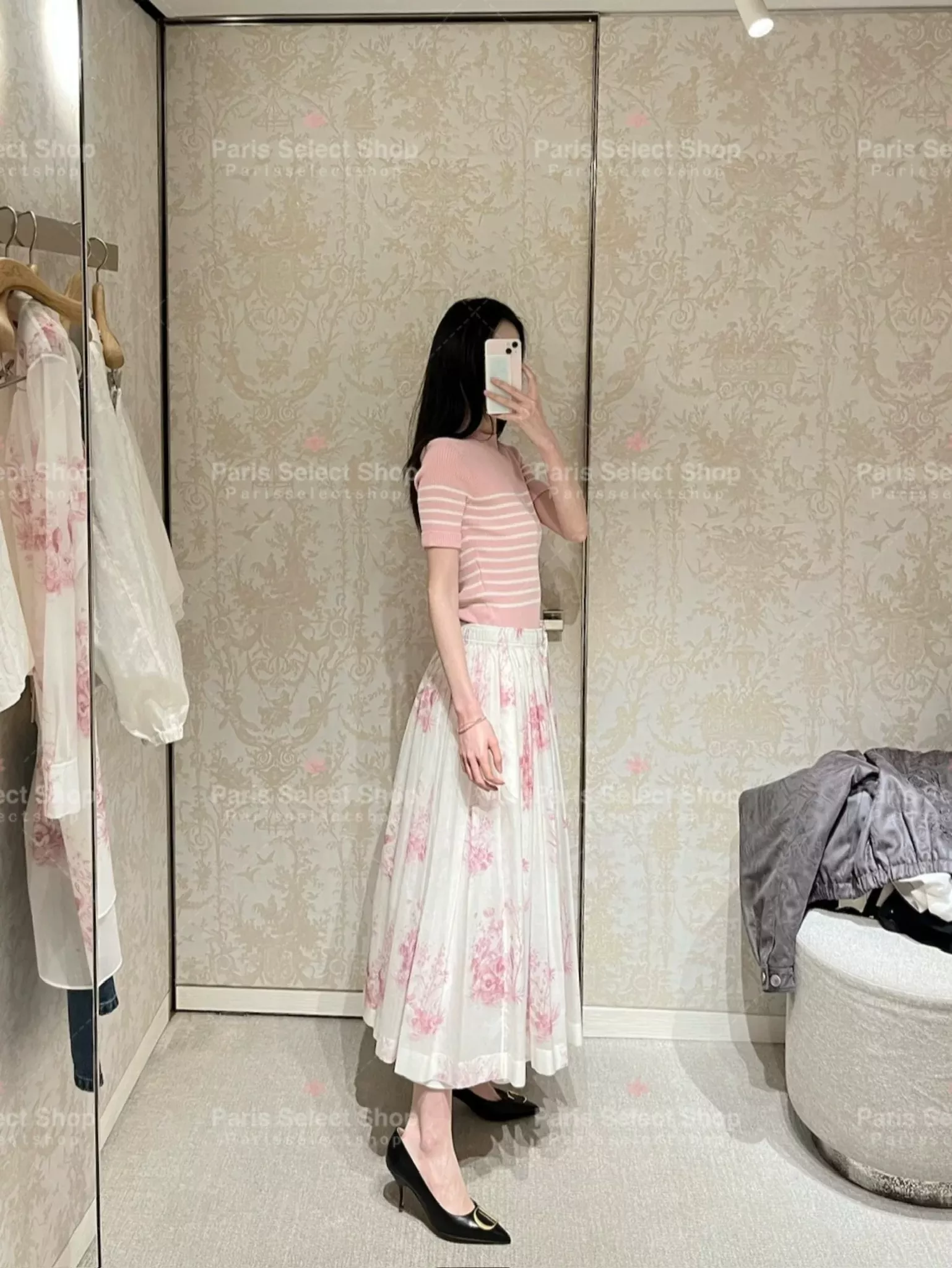 디올 핑크 프린트 밴딩 스커트 상세 이미지 19