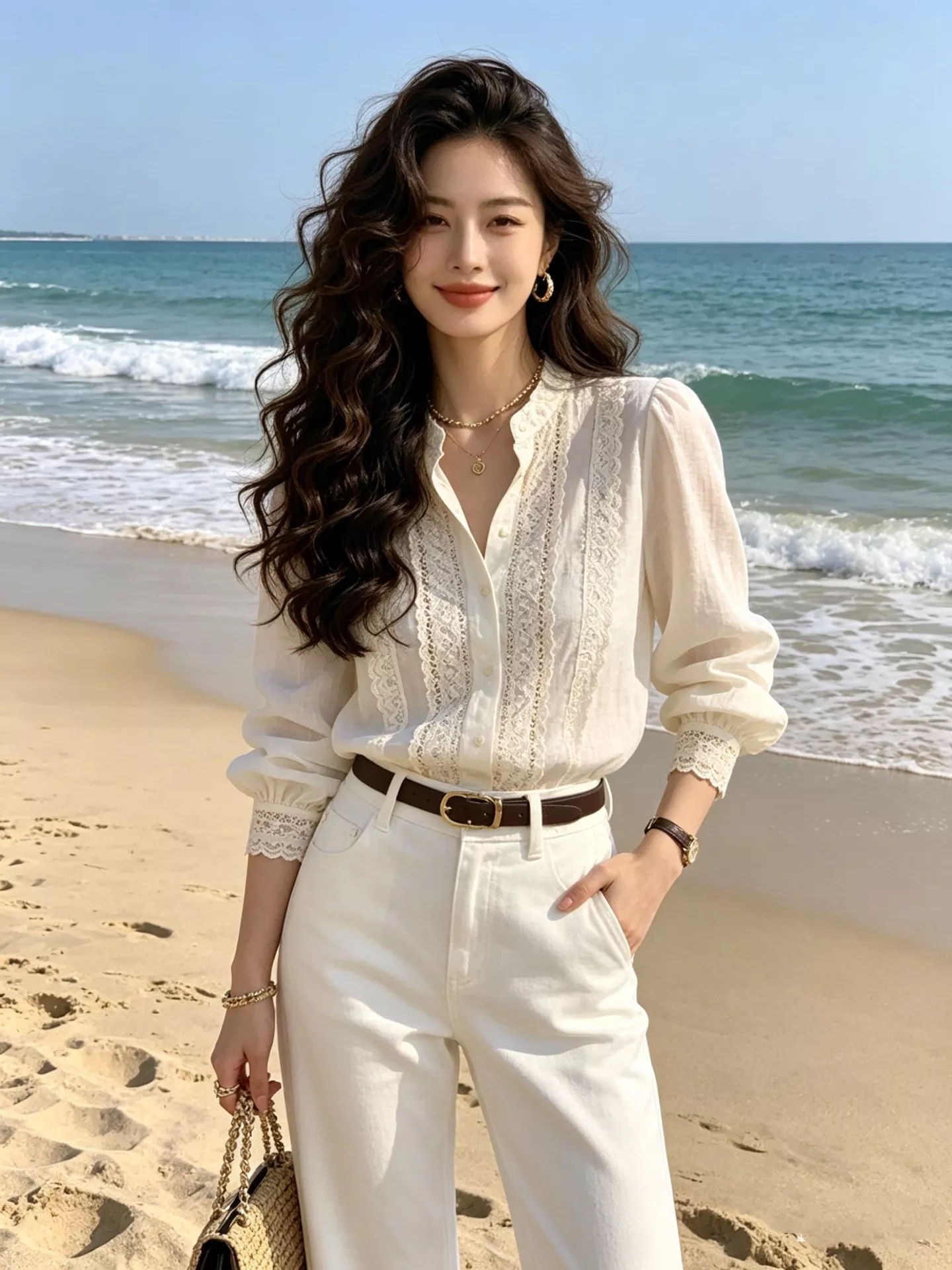프라다 화이트 미세 부츠컷 데님 팬츠 상세 이미지 11
