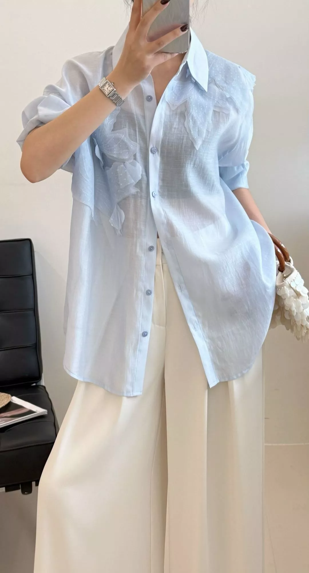 발렌티노 나비 장식 시스루 블루 셔츠 상세 이미지 17