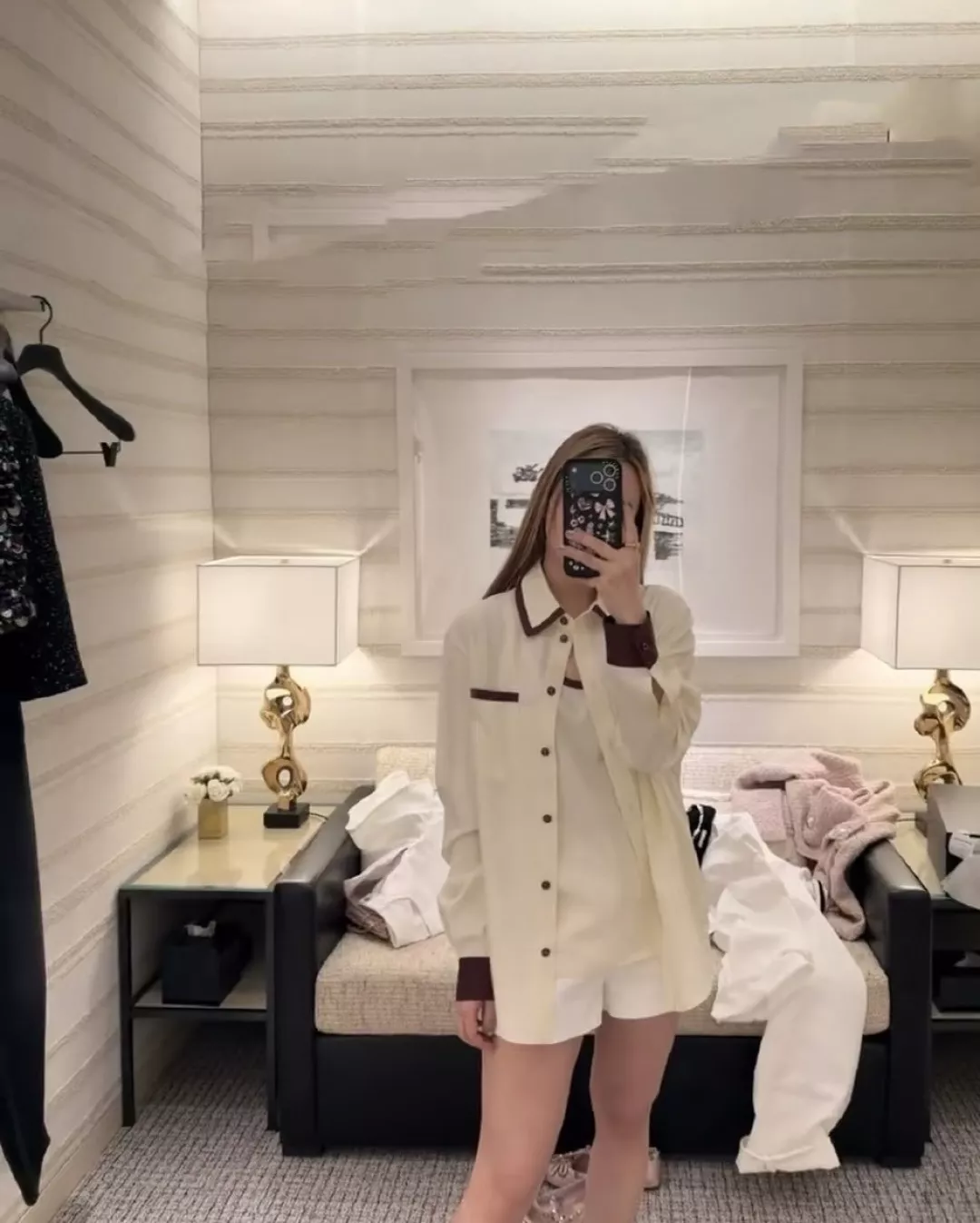 샤넬 카라 배색 실크 셔츠 상세 이미지 13