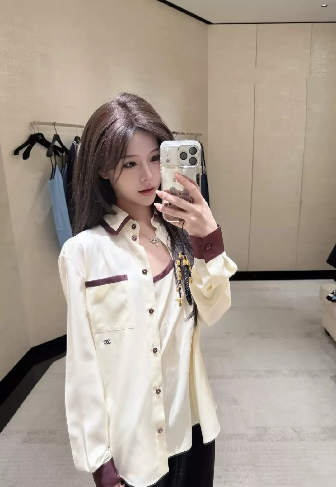 샤넬 카라 배색 실크 셔츠 상세 이미지 11