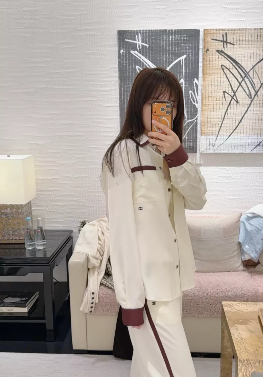 샤넬 카라 배색 실크 셔츠 상세 이미지 15