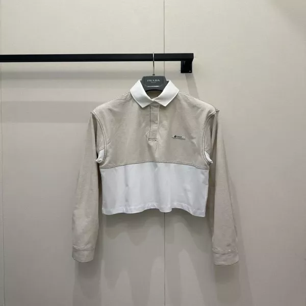 프라다 배색 폴로 카라 크롭 상의
