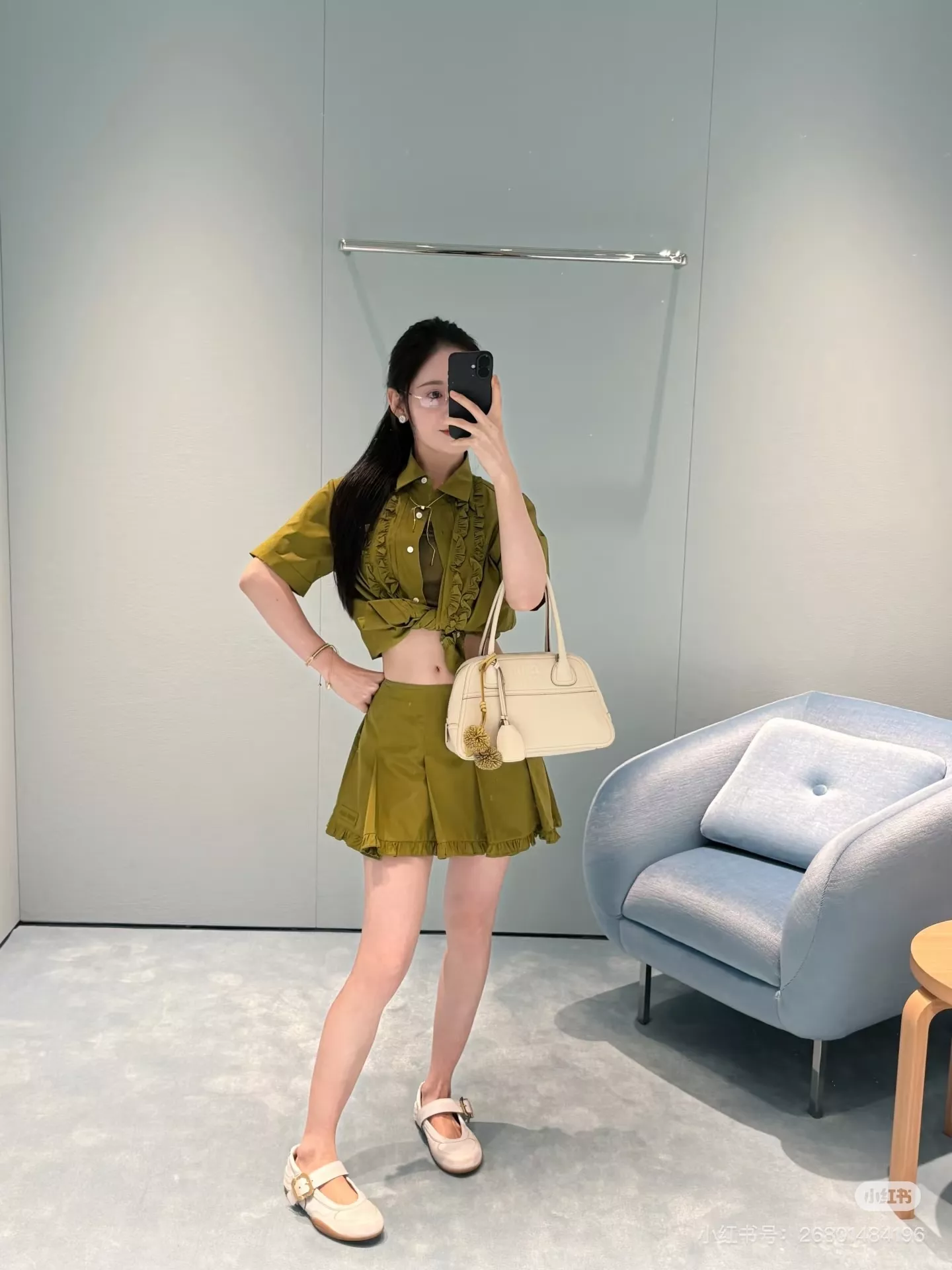 미우미우 올리브그린 프릴 반소매 셔츠 상세 이미지 6