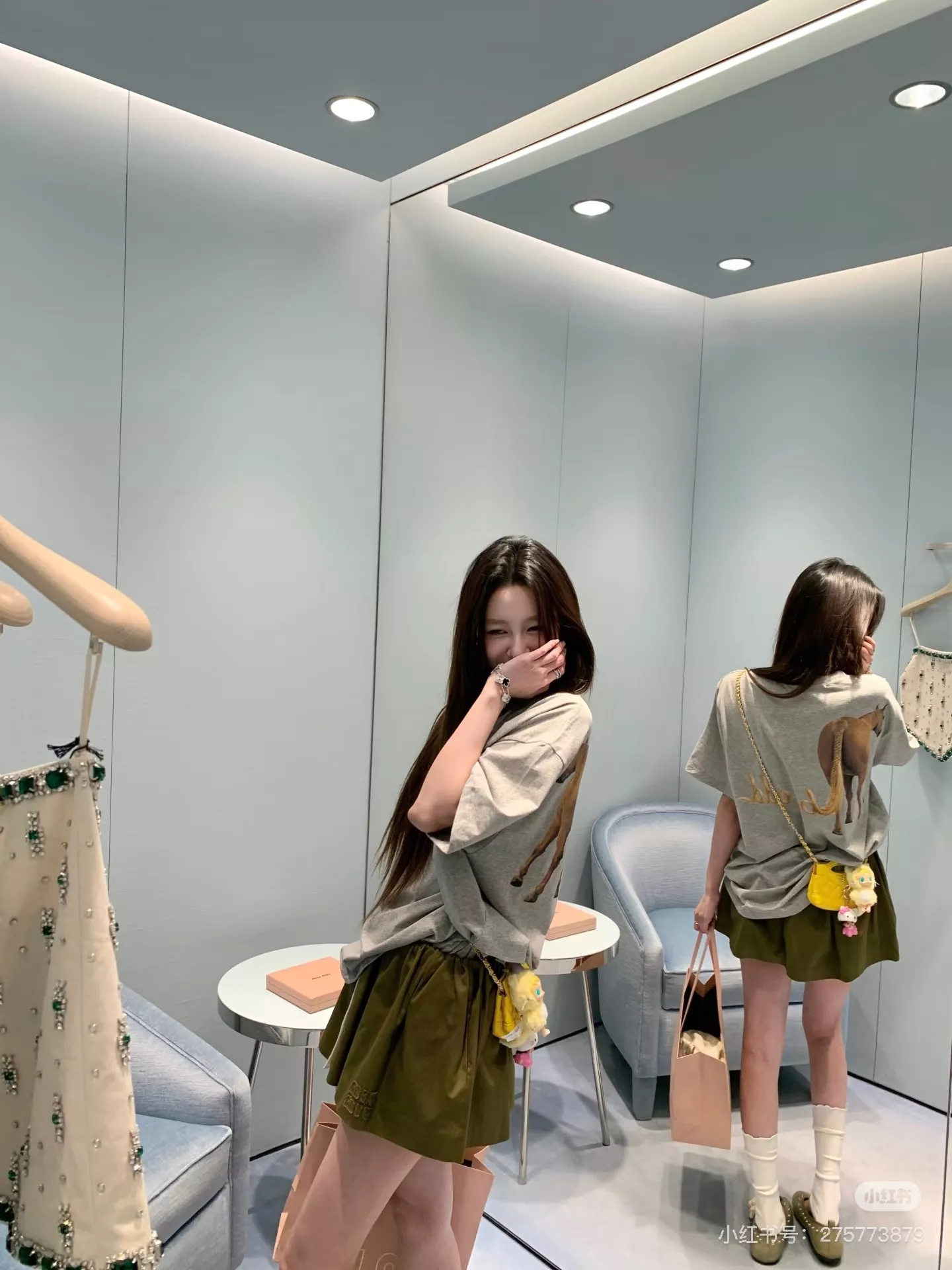 미우미우 올리브 그린 재킷 스커트 세트 상세 이미지 4
