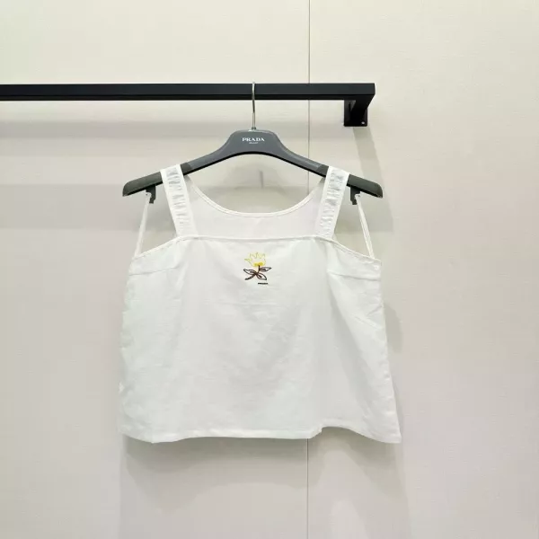프라다 플라워 자수 린넨 슬리브리스 탑
