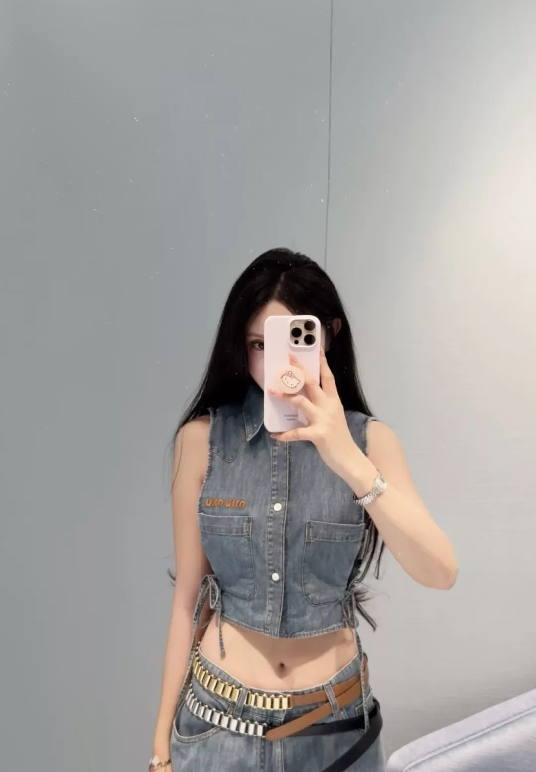 미우미우 배색 자수 레터링 데님 베스트 상세 이미지 25