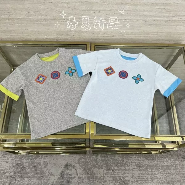 루이비통 키즈 배색 소매 반소매 티셔츠