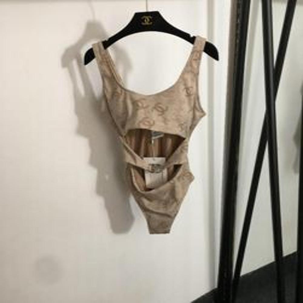 샤넬 로고 자카드 레이스 디테일 슬리브리스 원피스 수영복