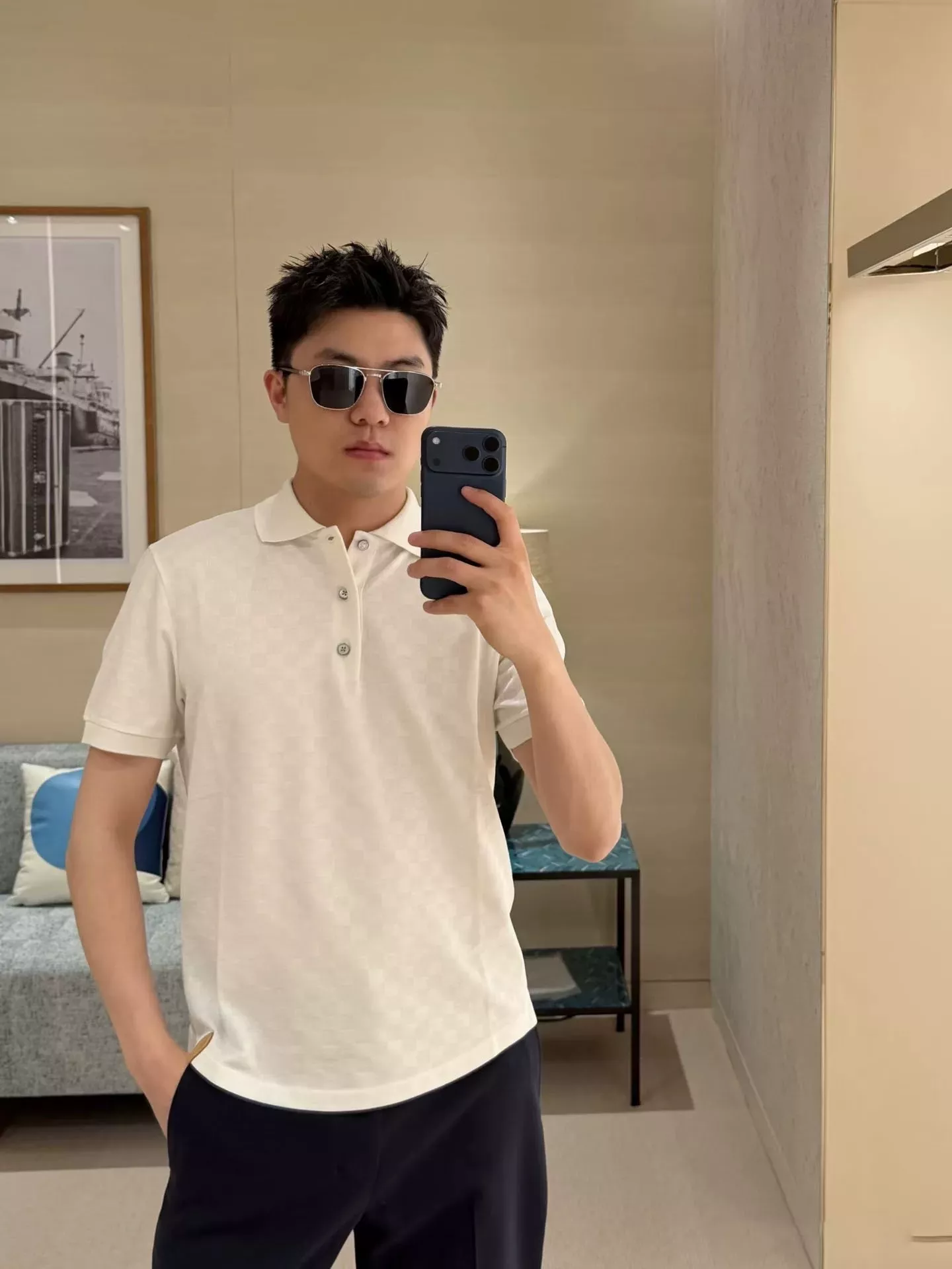 루이비통 체커파우데 자카드 크롭 폴로 반소매 상세 이미지 11