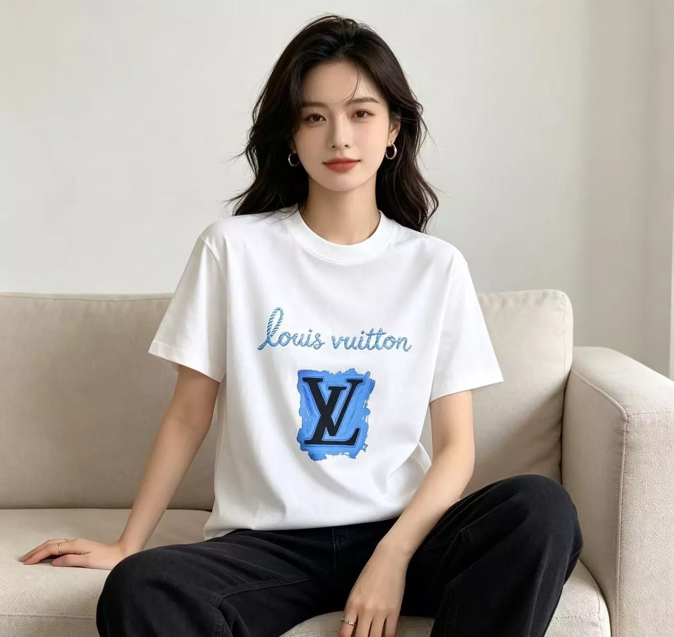 루이비통 블루 드로잉 로고 프린트 반팔 상세 이미지 12