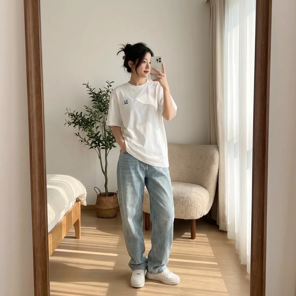 로에베 블루 화이트 플라워 로고 자수 반소매 상세 이미지 11
